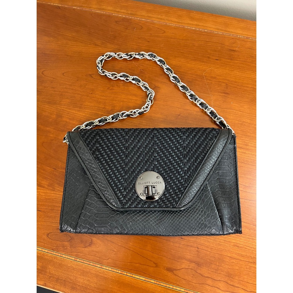 Elliott Lucca Black Woven Snakeskin Embossed Chain Shoulder Bag Turn Lock